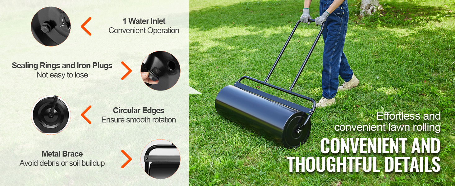 person using VEVOR lawn roller on grass; features include water inlet, sealing rings, iron plugs, circular edges.