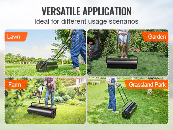 versatile uses for VEVOR lawn roller in lawn, garden, farm, and grassland park settings.