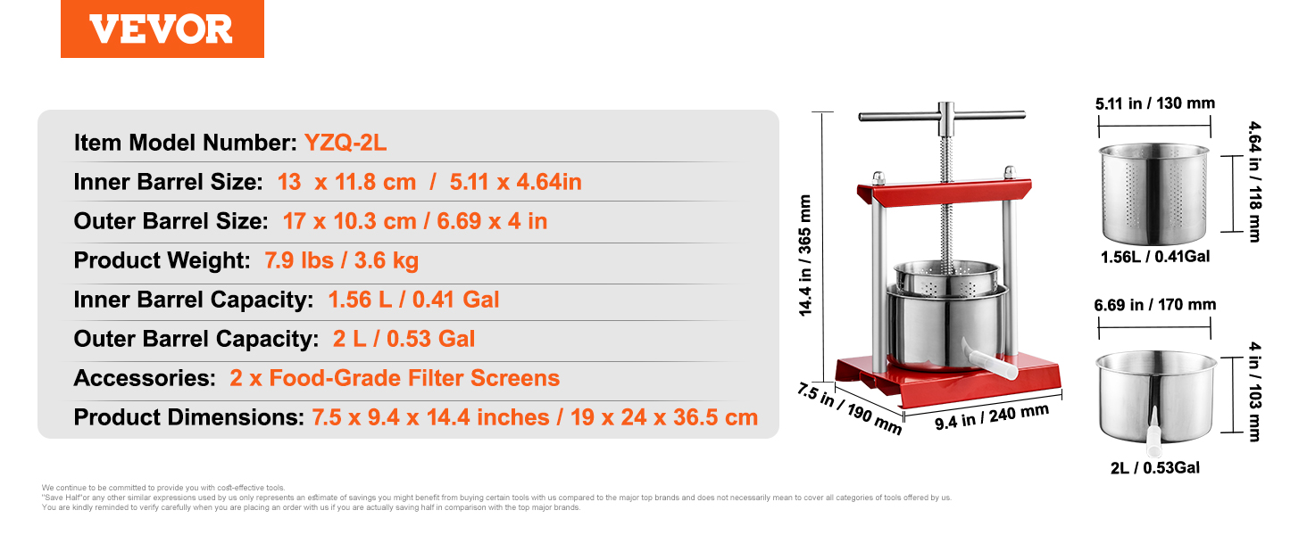 VEVOR yzq-2l juicer, 1.56l inner barrel, 2l outer barrel, food-grade filter screens.