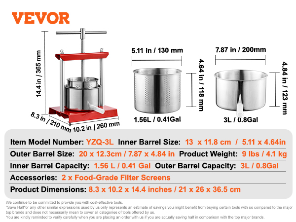 VEVOR fruit wine press yzq-3l with dimensions, 2 filter screens, and 1.56l inner barrel capacity.