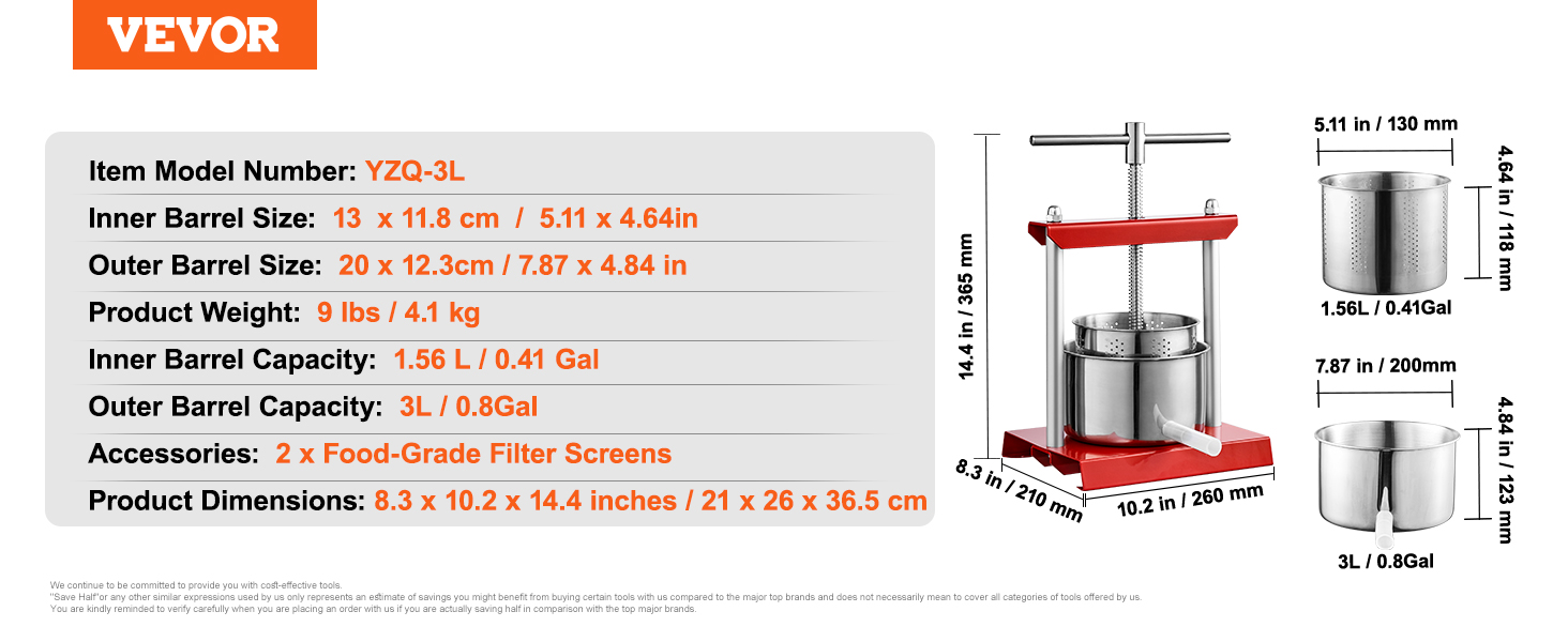 VEVOR fruit wine press yzq-3l with dimensions, 2 filter screens, and 1.56l inner barrel capacity.