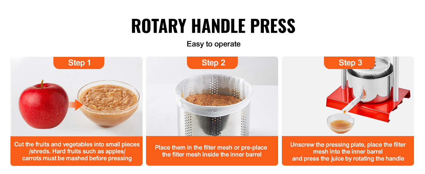 rotary handle press instructions for the VEVOR fruit wine press with steps showing how to press juice.