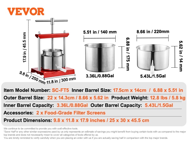 VEVOR fruit wine press sc-ft5 details, including dimensions, capacities, and accessories.