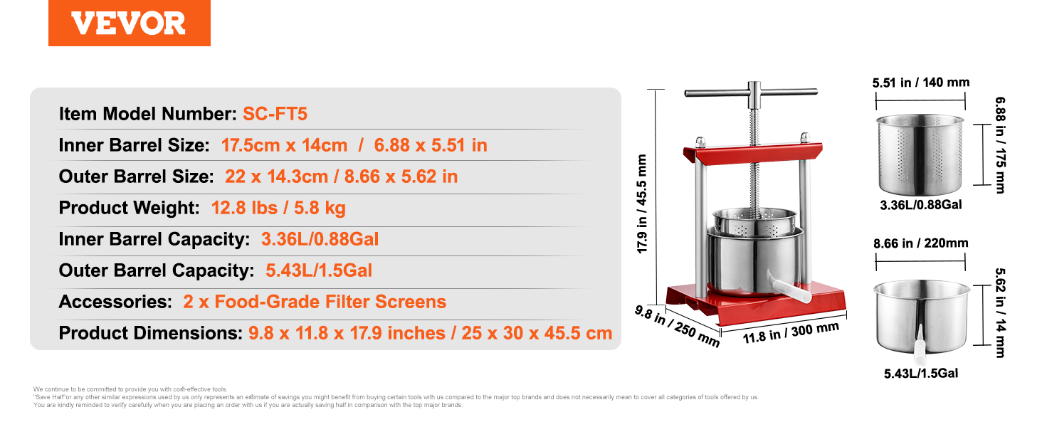 VEVOR fruit wine press sc-ft5 details, including dimensions, capacities, and accessories.