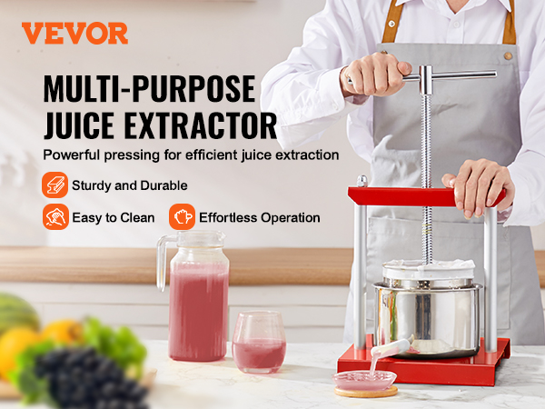 VEVOR fruit wine press being used to extract juice on a kitchen counter, showcasing fruits and juice.