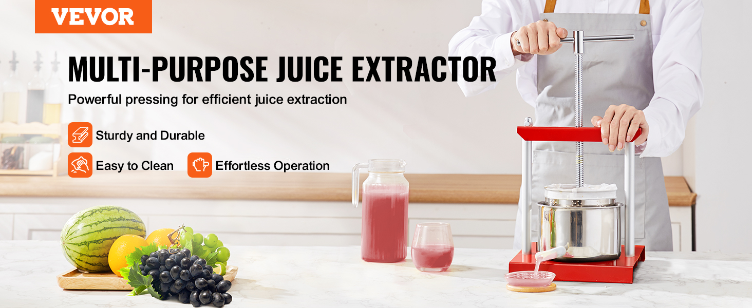 VEVOR fruit wine press being used to extract juice on a kitchen counter, showcasing fruits and juice.
