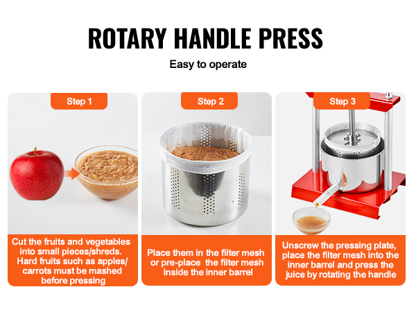 VEVOR fruit wine press step-by-step: apple preparation, filter mesh insertion, and juice extraction.