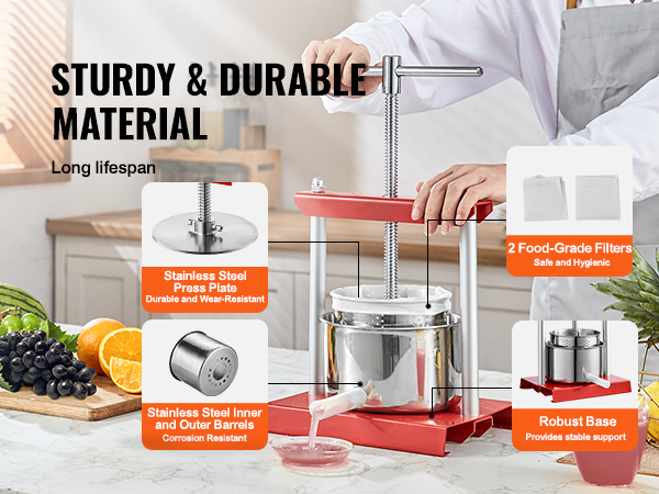 VEVOR fruit wine press with stainless steel press plate, food-grade filters, and robust base in a kitchen.
