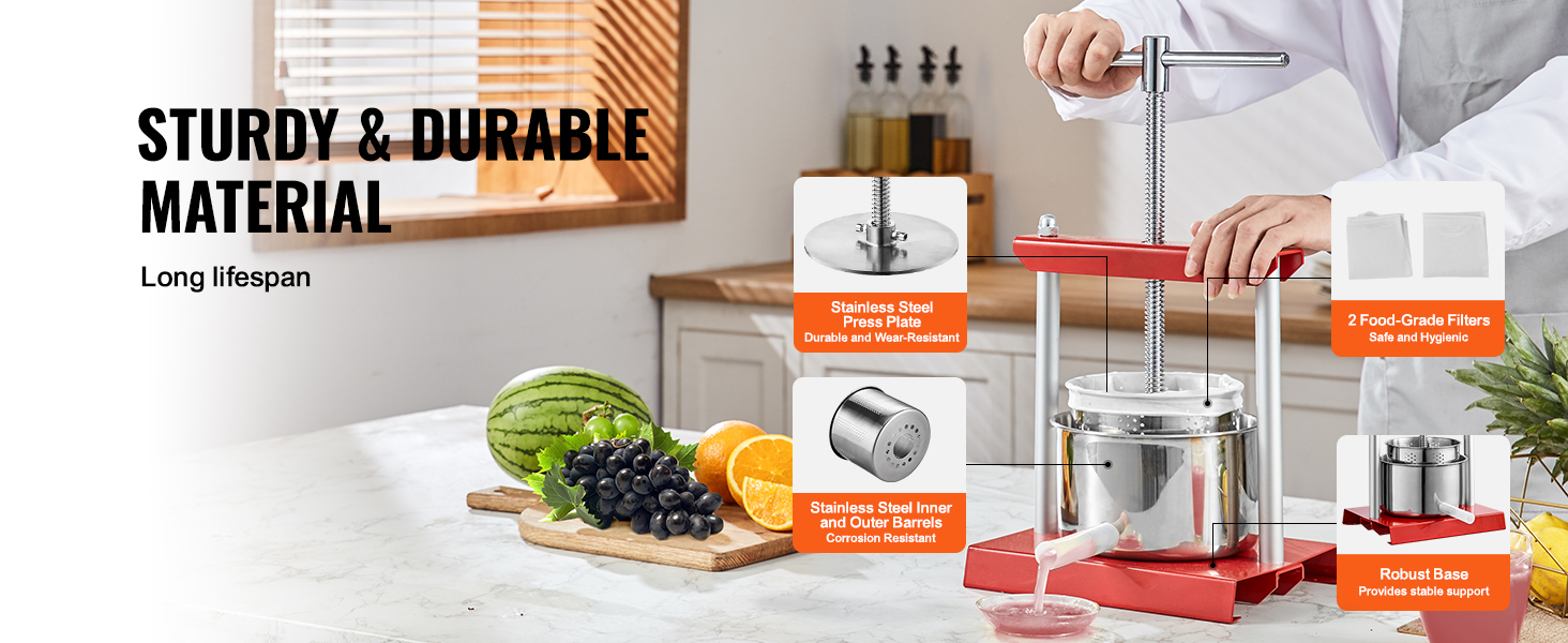 VEVOR fruit wine press with stainless steel press plate, food-grade filters, and robust base in a kitchen.