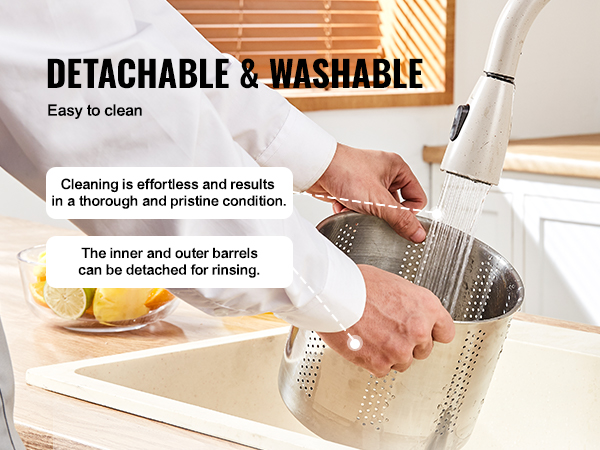 washing VEVOR fruit wine press barrel under a kitchen faucet, showcasing detachability and ease of cleaning.