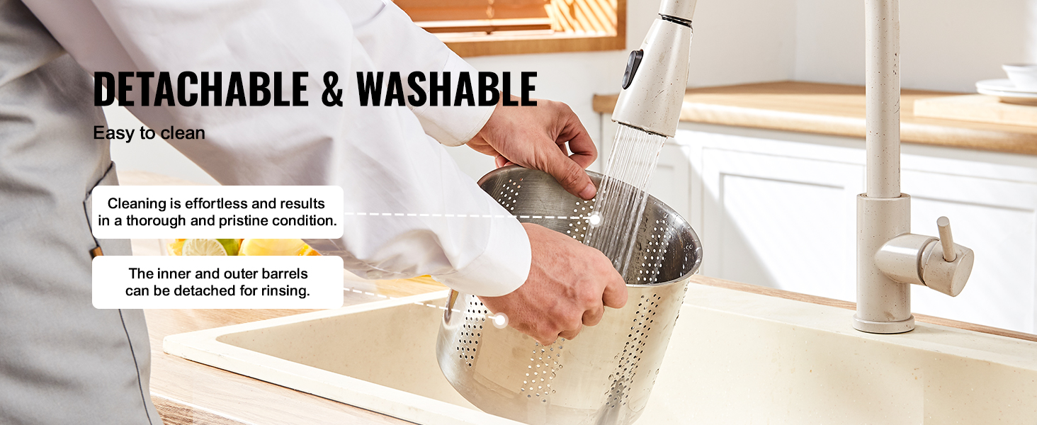 washing VEVOR fruit wine press barrel under a kitchen faucet, showcasing detachability and ease of cleaning.