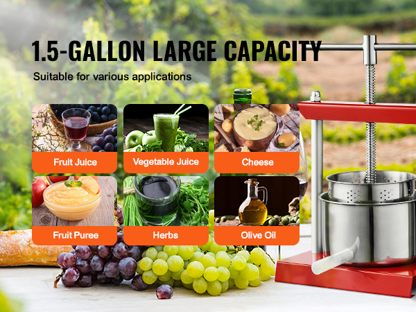VEVOR fruit wine press with 1.5-gallon capacity, ideal for juices, cheese, puree, herbs, and olive oil.