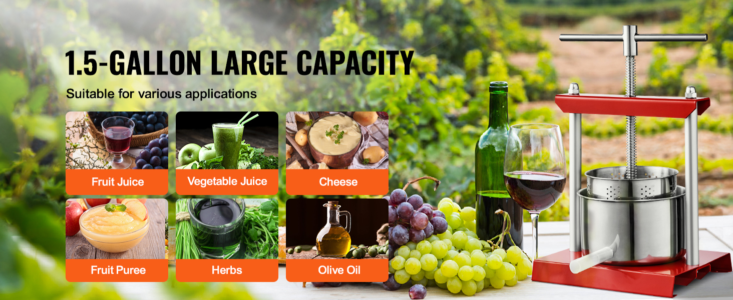 VEVOR fruit wine press with 1.5-gallon capacity, ideal for juices, cheese, puree, herbs, and olive oil.