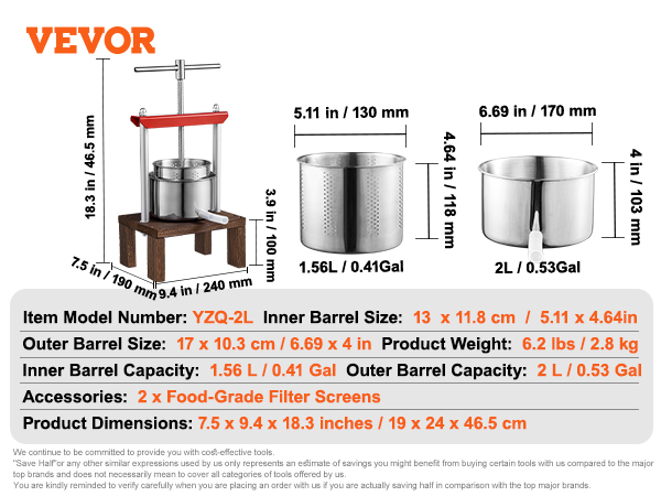 VEVOR fruit wine press yzq-2l with 2l capacity and 2 food-grade filter screens; dimensions included.