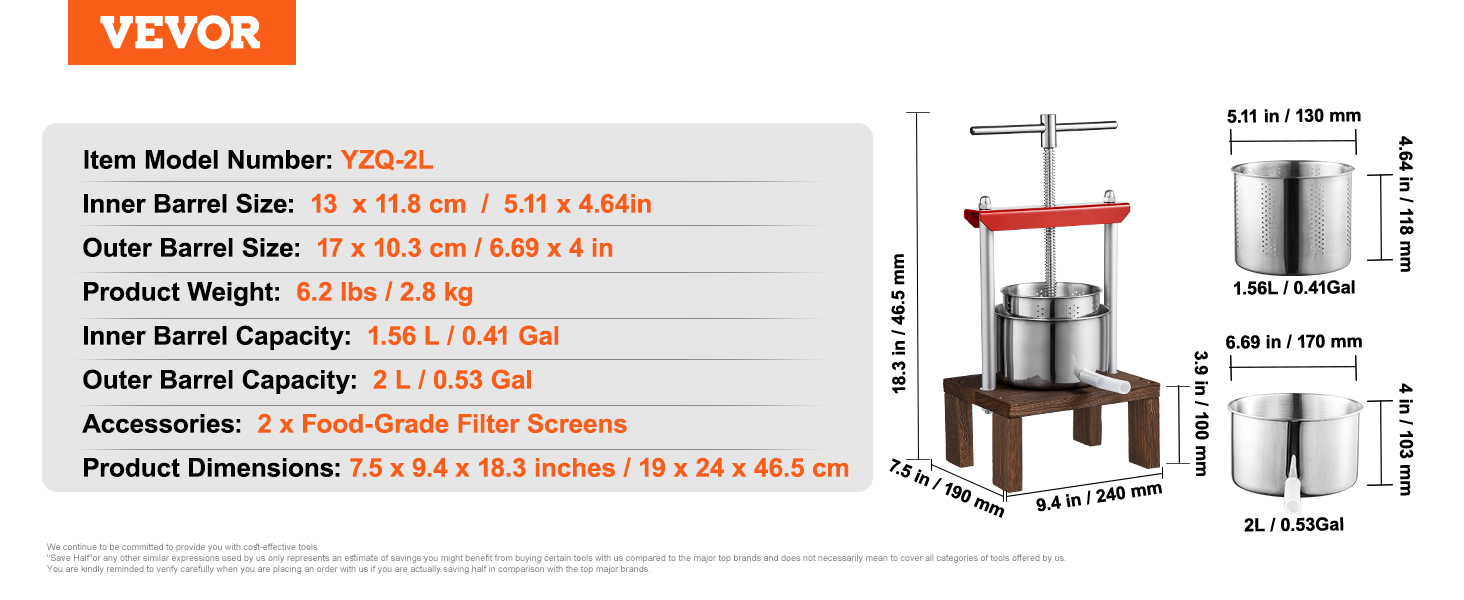 VEVOR fruit wine press yzq-2l with 2l capacity and 2 food-grade filter screens; dimensions included.