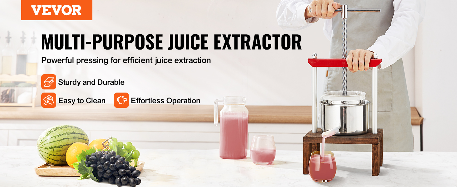 VEVOR fruit wine press for efficient juice extraction, easy to clean, sturdy and durable operation.