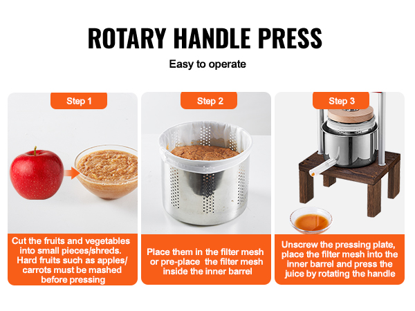 VEVOR fruit wine press steps: cut fruits, place in filter mesh, press juice by rotating handle.