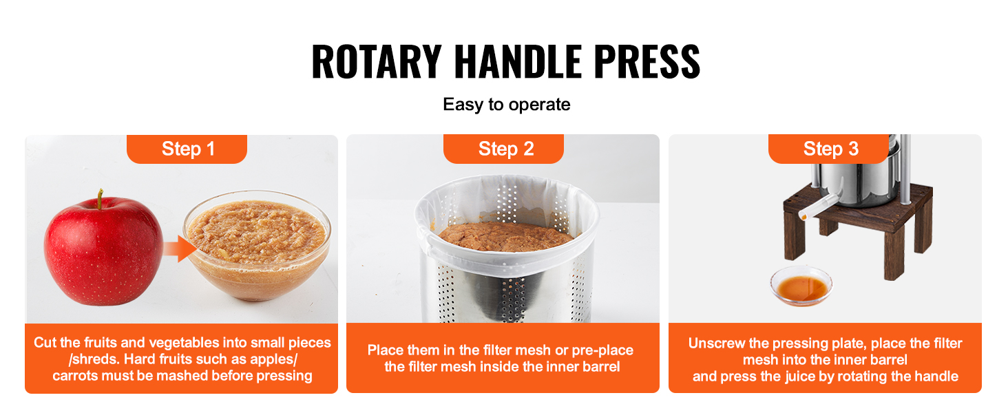 VEVOR fruit wine press steps: cut fruits, place in filter mesh, press juice by rotating handle.