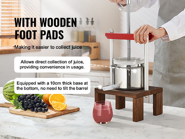 VEVOR fruit wine press with wooden foot pads in use, fresh fruits and juice on the counter.