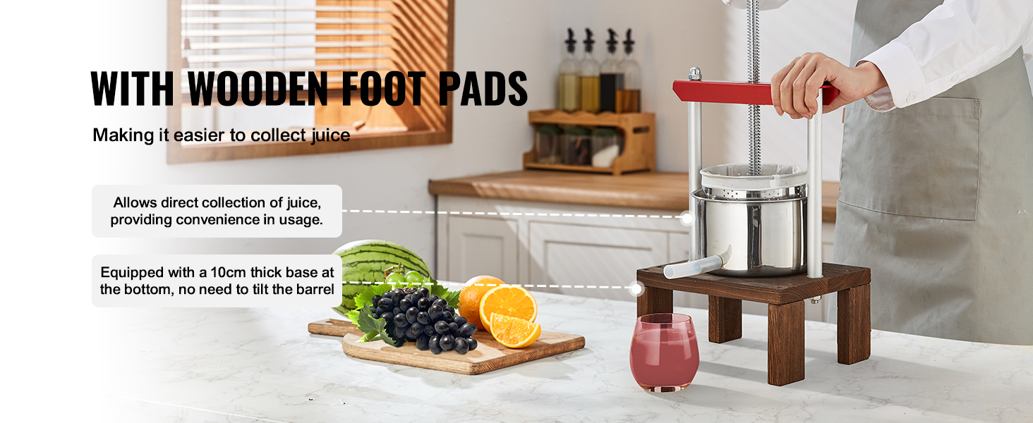 VEVOR fruit wine press with wooden foot pads in use, fresh fruits and juice on the counter.
