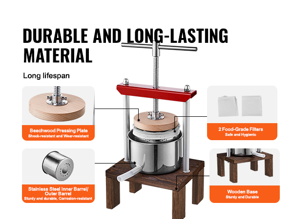 VEVOR fruit wine press with beechwood pressing plate, stainless steel barrel, and wooden base.