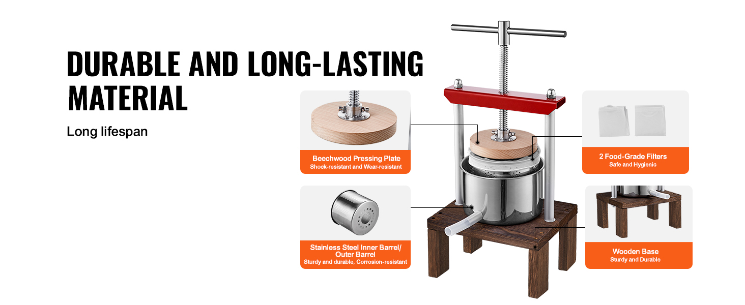 VEVOR fruit wine press with beechwood pressing plate, stainless steel barrel, and wooden base.