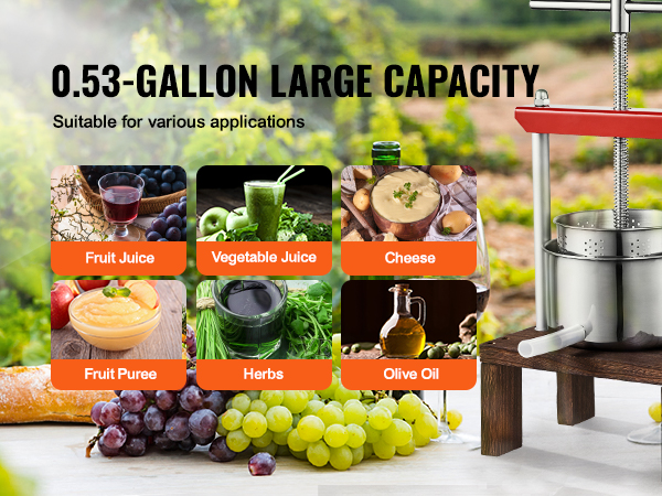 VEVOR fruit wine press: 0.53-gallon capacity, versatile for juice, puree, herbs, cheese, and oil extraction.