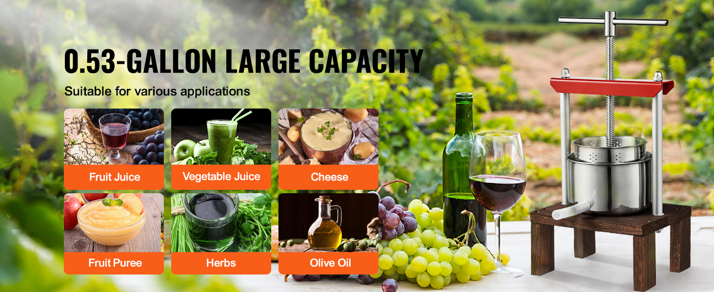 VEVOR fruit wine press: 0.53-gallon capacity, versatile for juice, puree, herbs, cheese, and oil extraction.