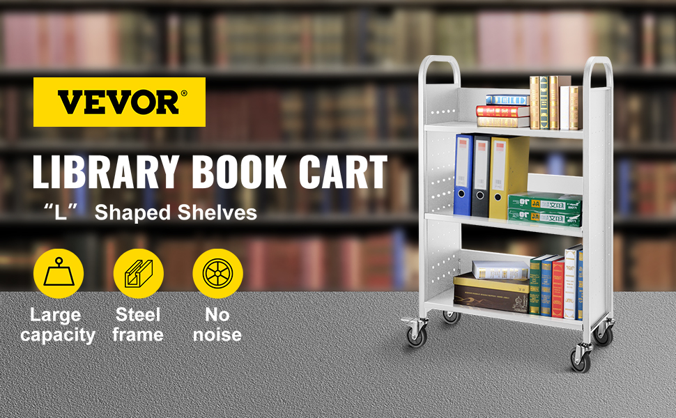 VEVOR book cart with "l" shaped shelves in a library setting, large capacity shelves.