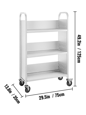 VEVOR book cart with three shelves and caster wheels, measuring 49.2in x 29.5in x 13.8in.