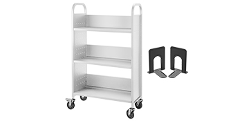 white VEVOR book cart with three shelves and black bookends.