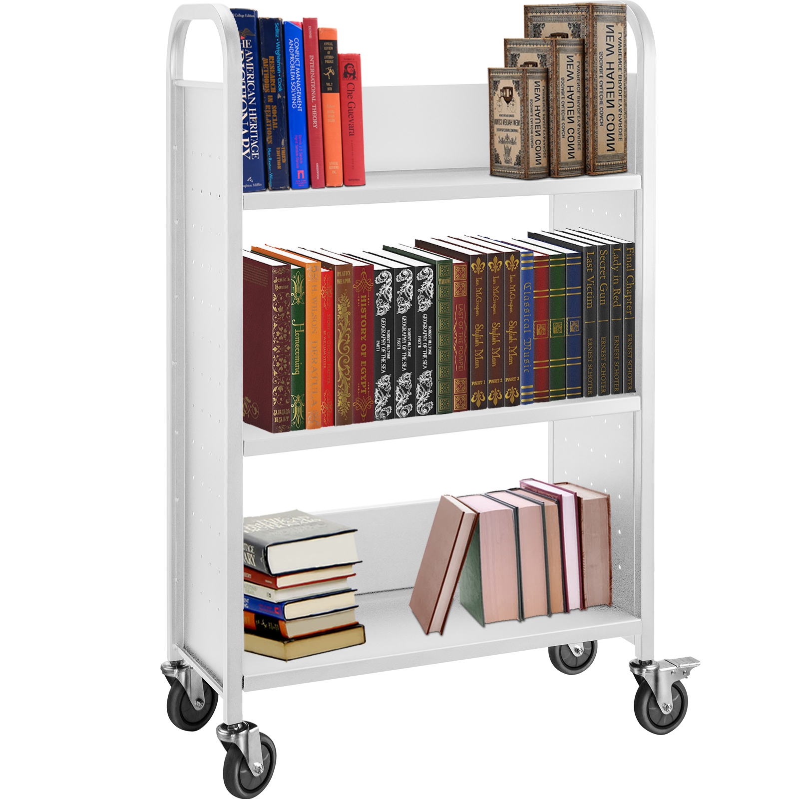 VEVOR book cart with assorted books on three white shelves and rolling wheels