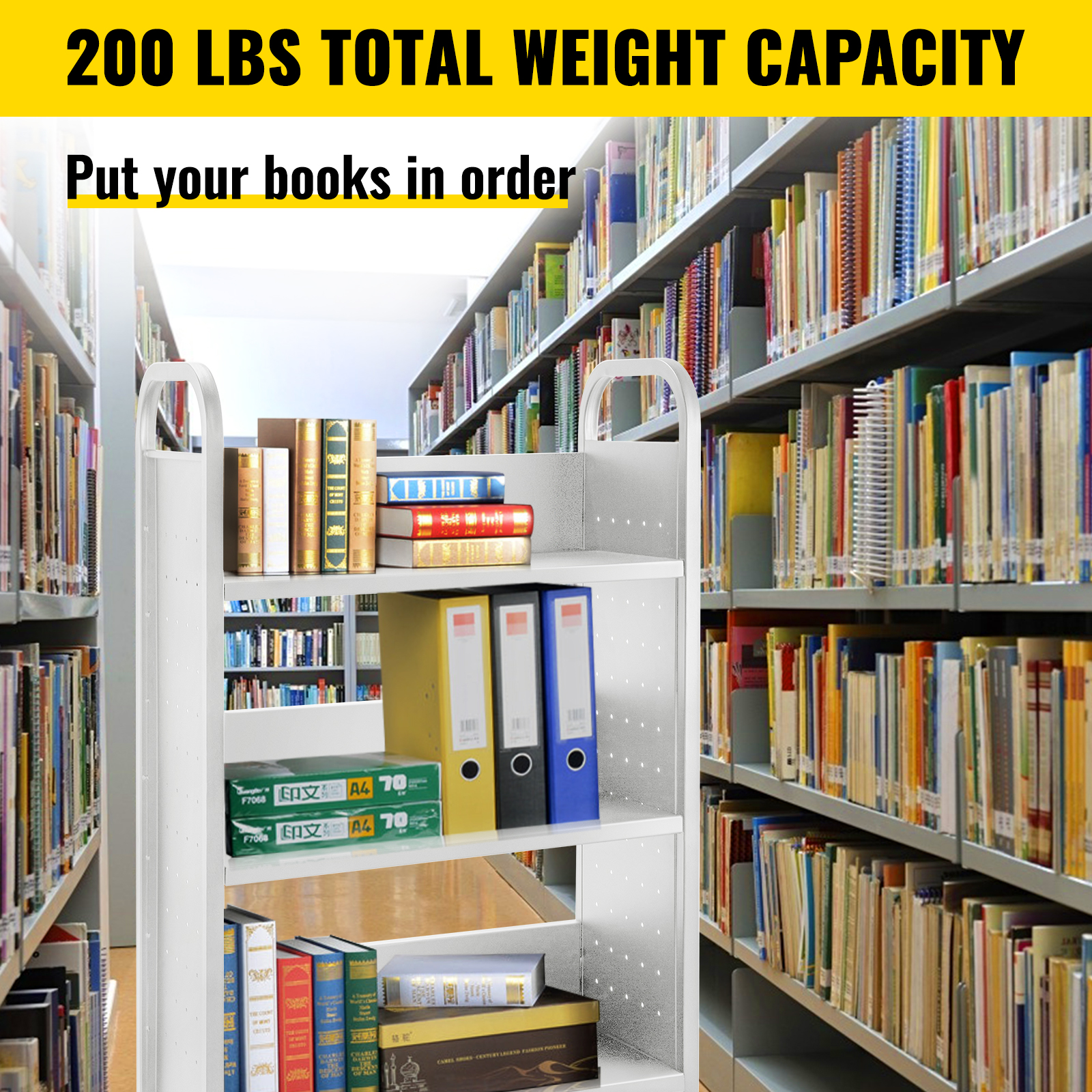VEVOR book cart in library with books and binders, holding up to 200 lbs.