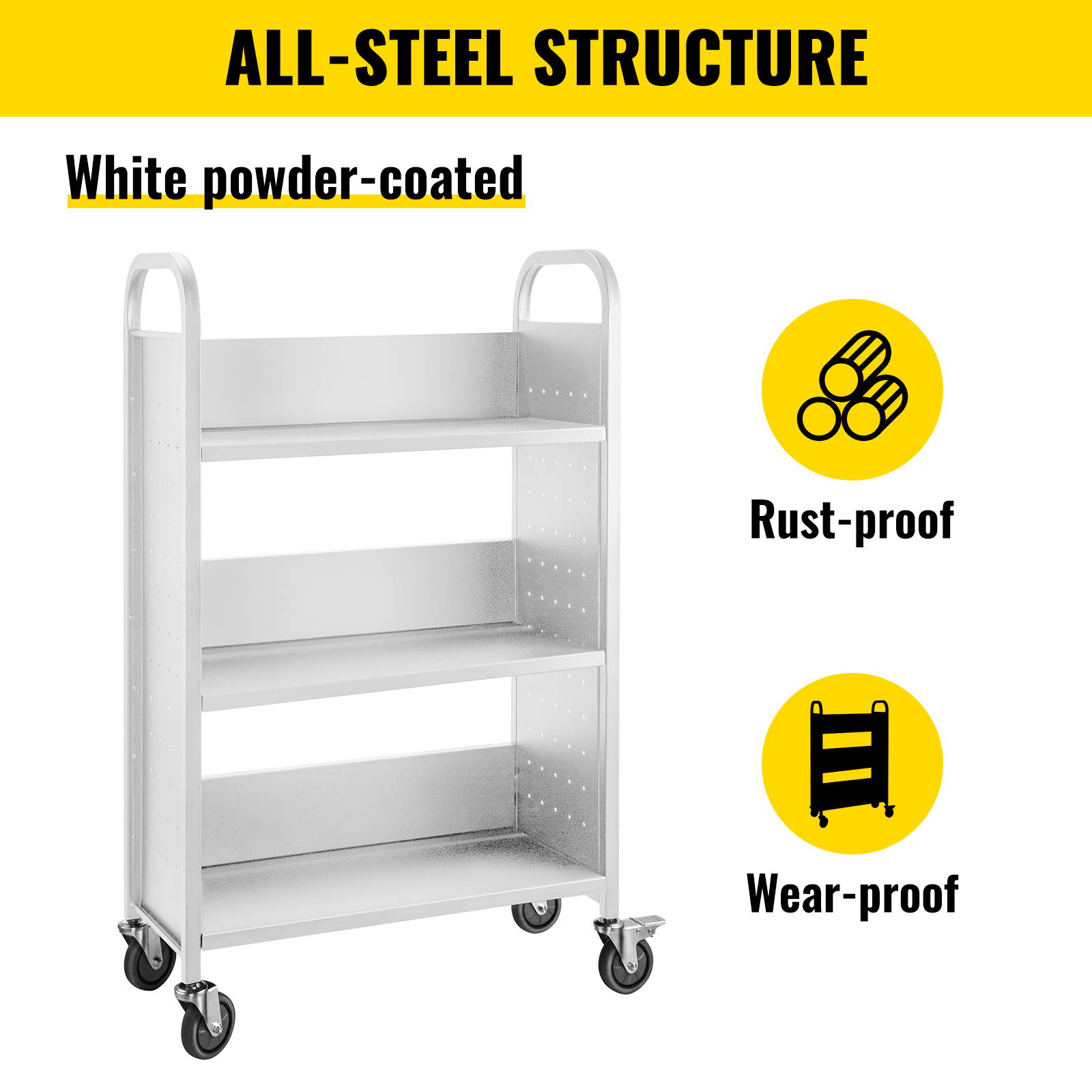 VEVOR book cart, all-steel white powder-coated, rust-proof, wear-proof.