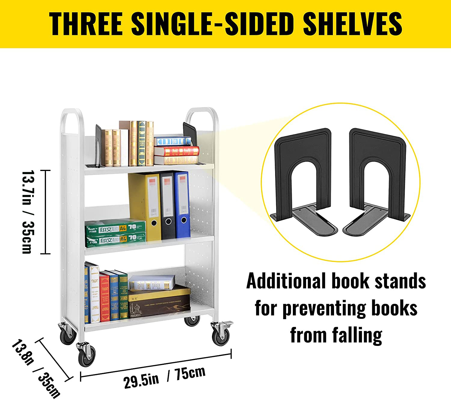 VEVOR book cart with three single-sided shelves and additional book stands.