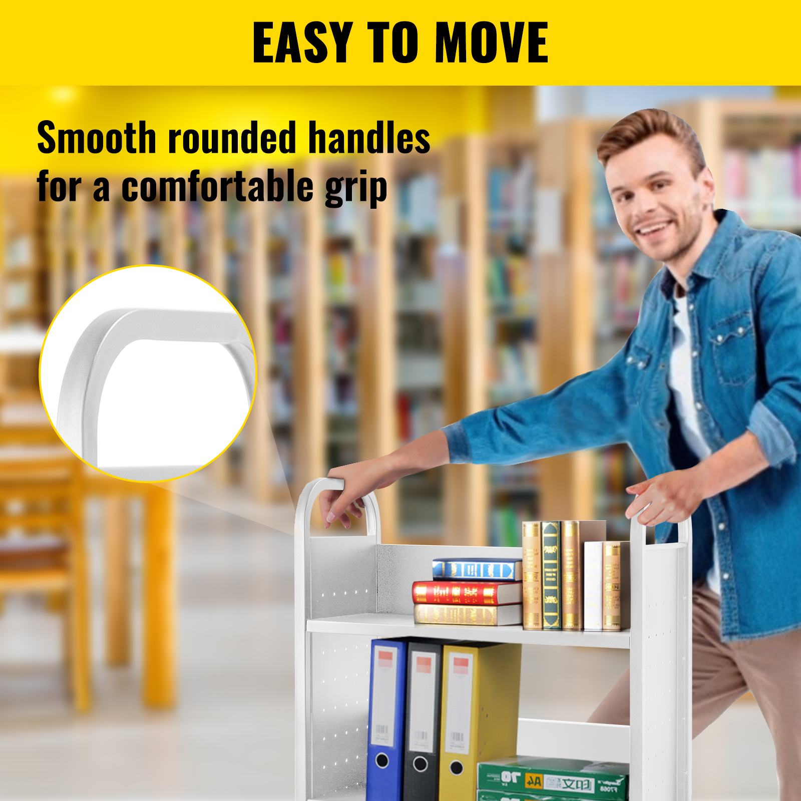 VEVOR book cart with smooth rounded handles for comfortable grip in a library setting.