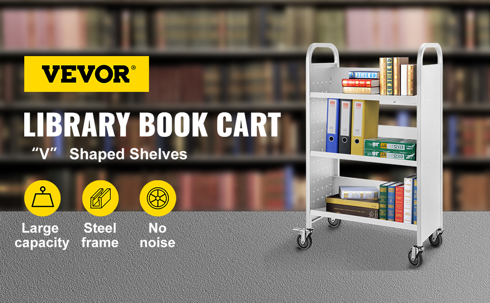 VEVOR book cart with "v" shaped shelves, steel frame, large capacity, and noise-free wheels.