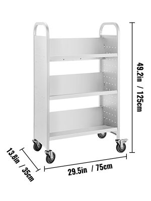 VEVOR book cart with three shelves, dimensions 49.2in x 29.5in x 13.8in, on wheels.