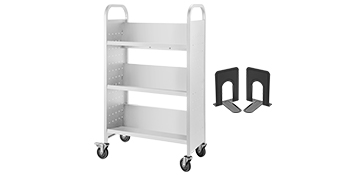 VEVOR book cart with three shelves and caster wheels, accompanied by two black bookends.