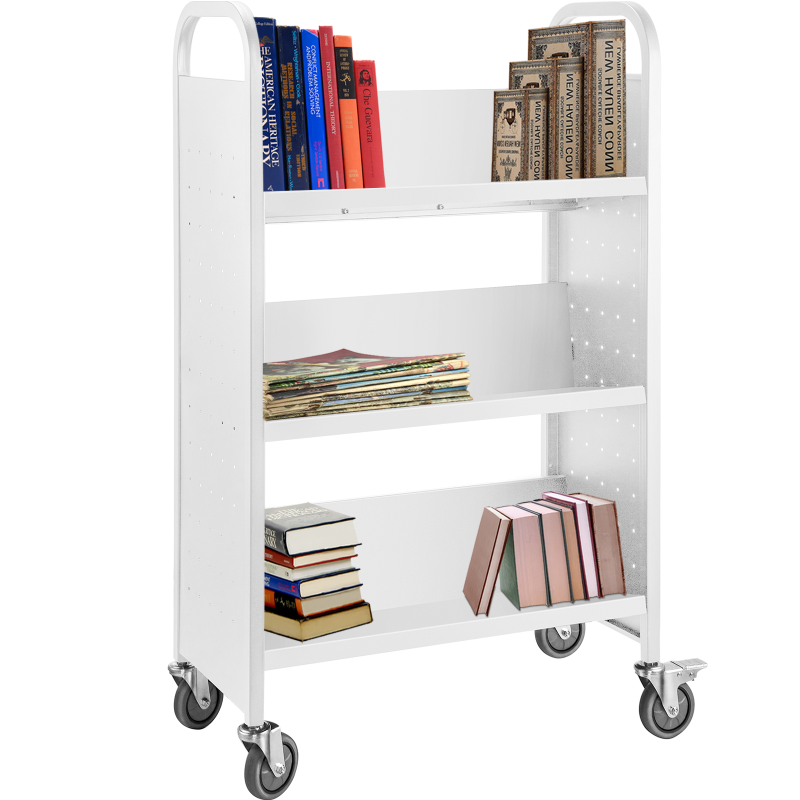 VEVOR book cart with shelves holding stacked books and magazines on wheels.