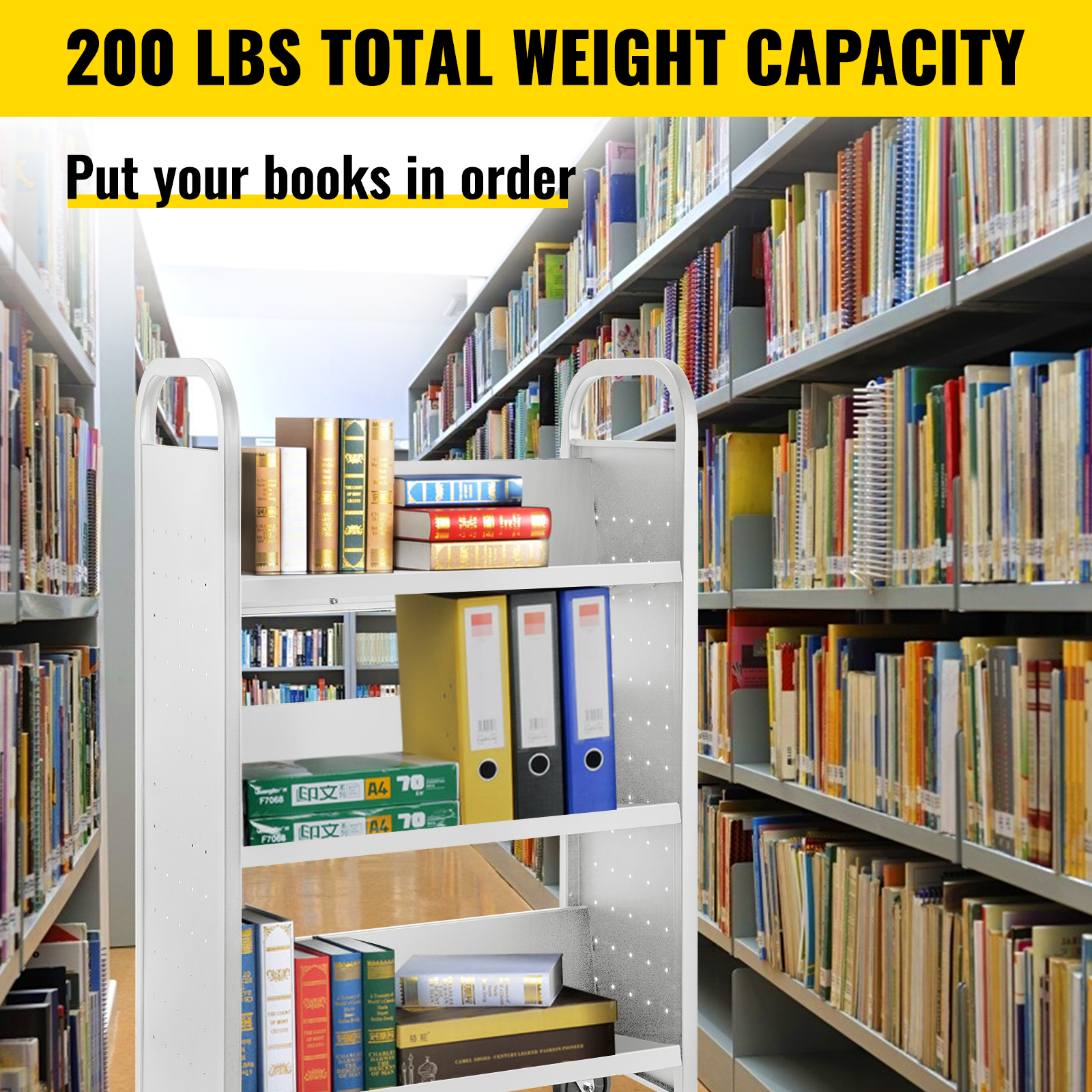 VEVOR book cart in a library with 200 lbs weight capacity for organizing books and binders.