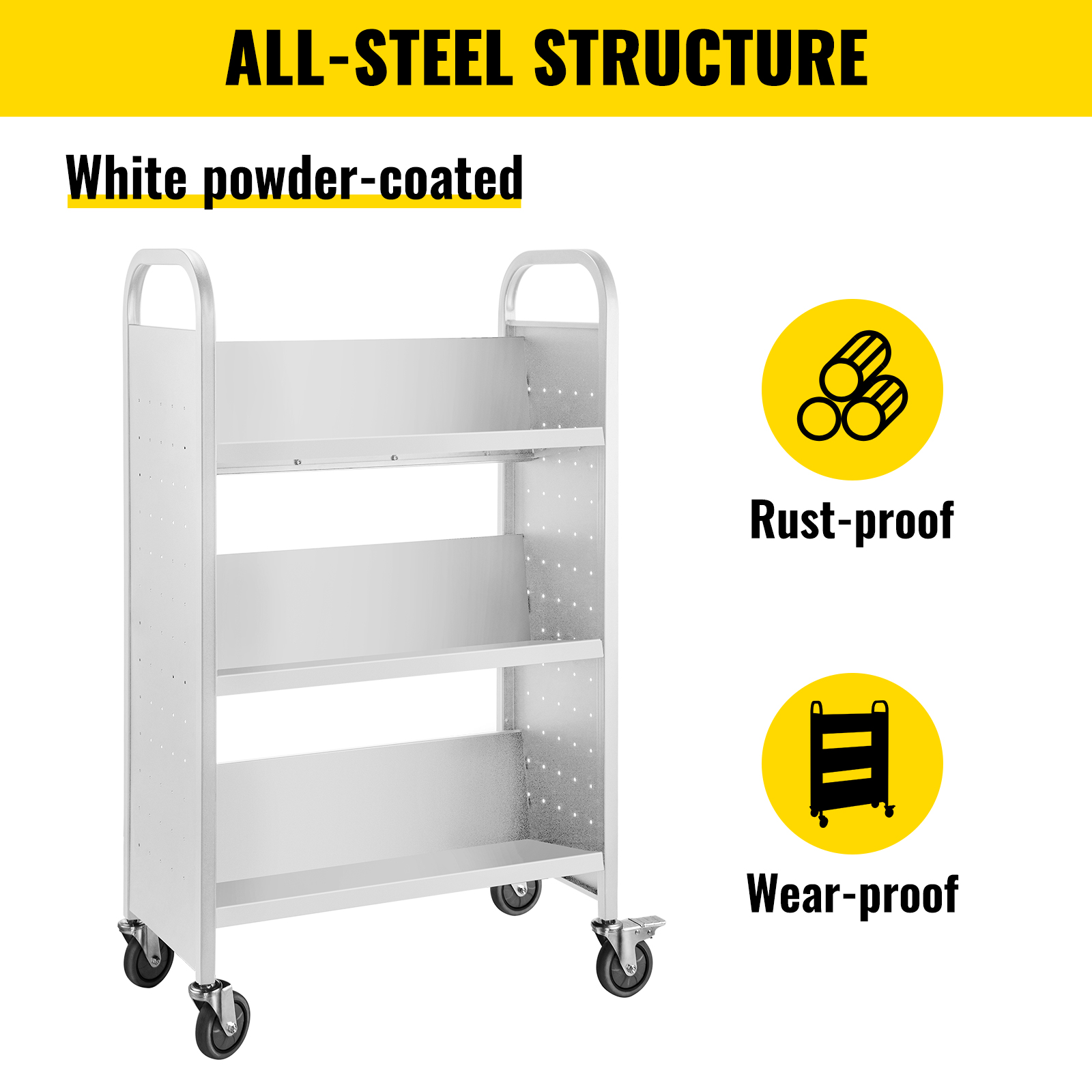 VEVOR book cart with white powder-coated all-steel structure, rust-proof, wear-proof.