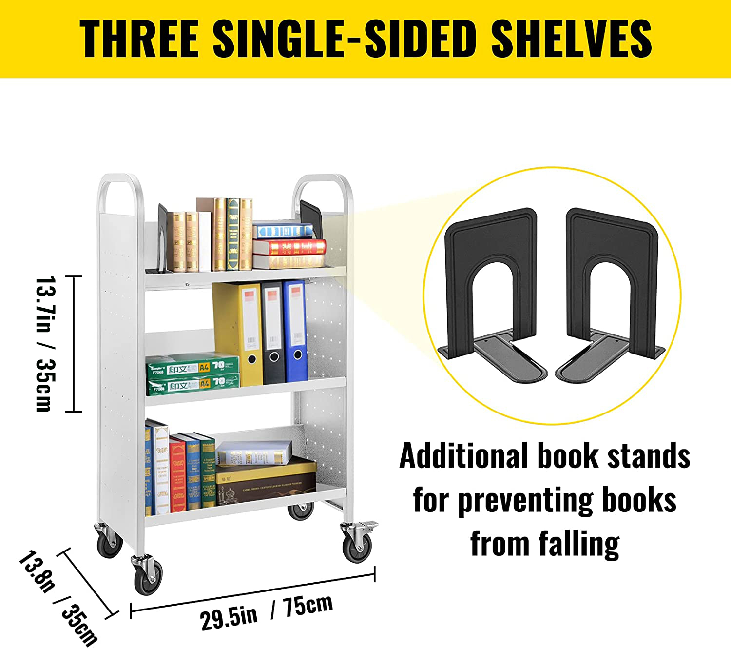 VEVOR book cart with three single-sided shelves and additional book stands.
