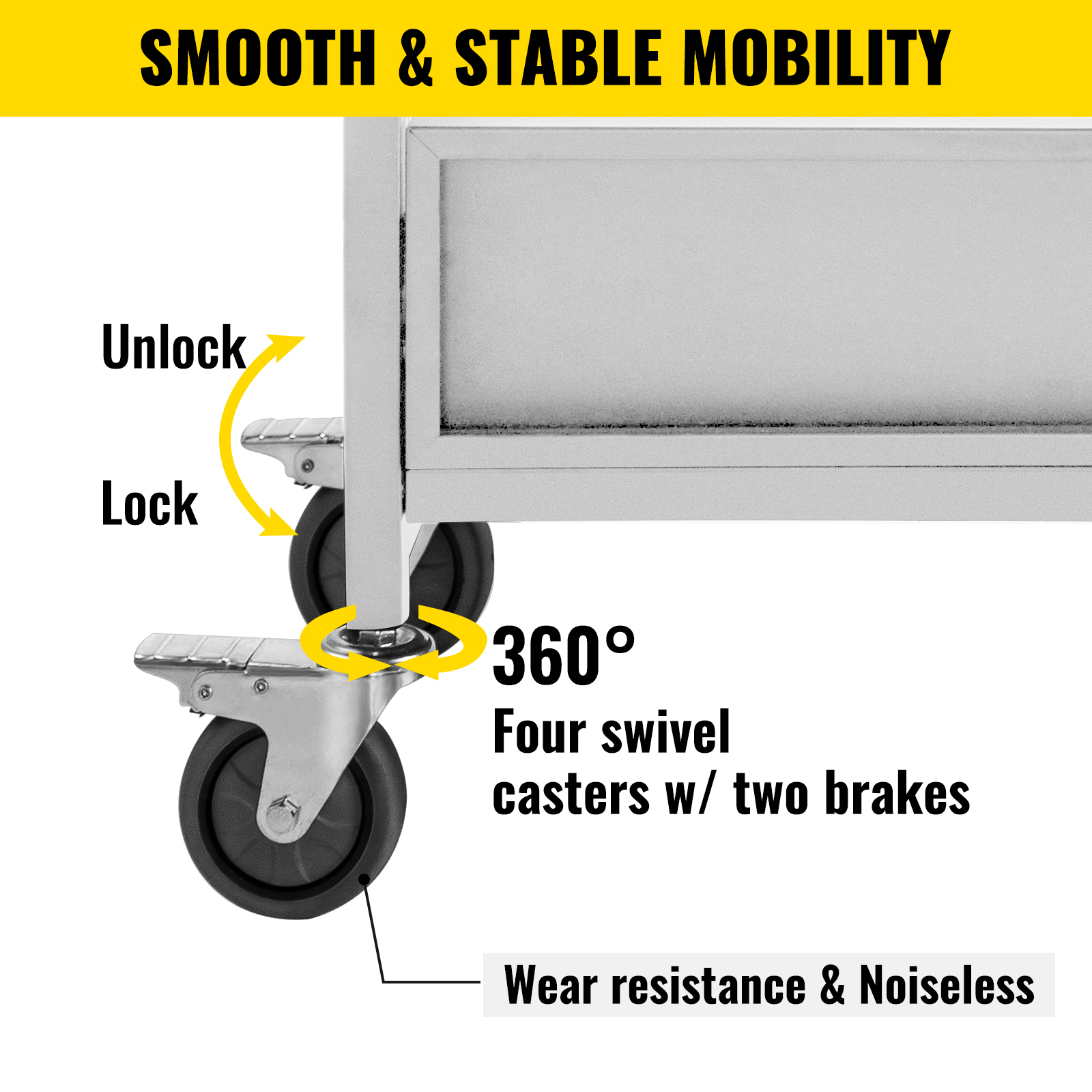 four swivel casters with brakes ensure smooth mobility for the VEVOR book cart.
