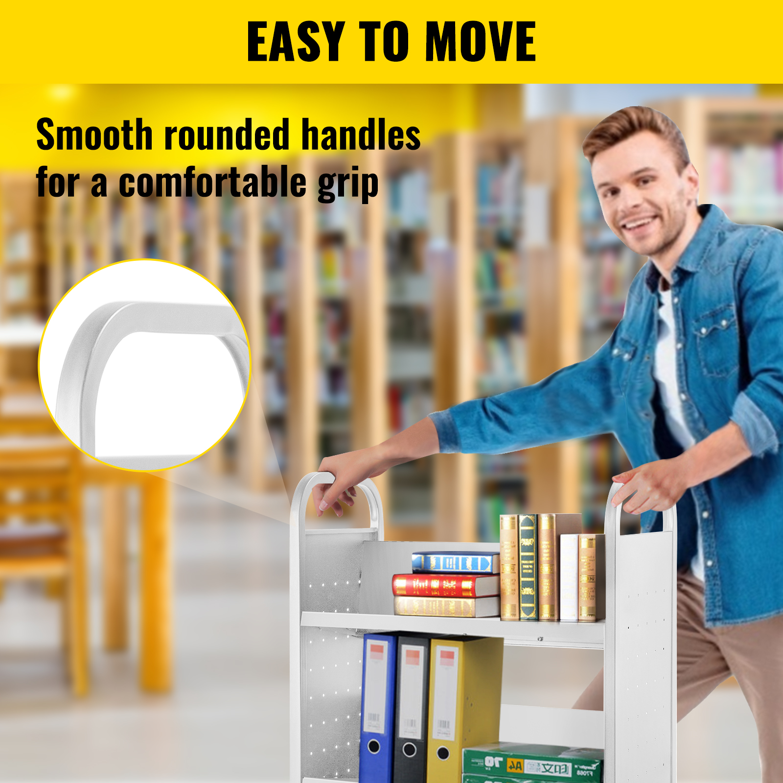 VEVOR book cart with smooth rounded handles for comfortable grip in a library setting.