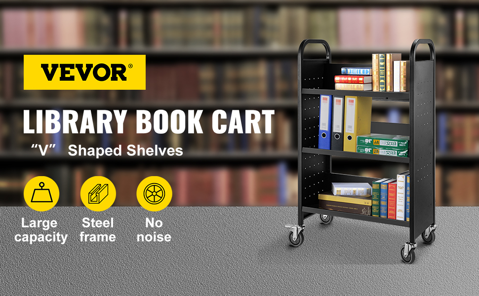 VEVOR book cart with v-shaped shelves, steel frame, large capacity, and no noise wheels.