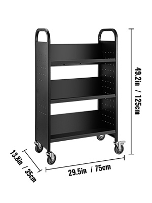 black VEVOR book cart with three shelves, dimensions: 49.2in x 29.5in x 13.8in.
