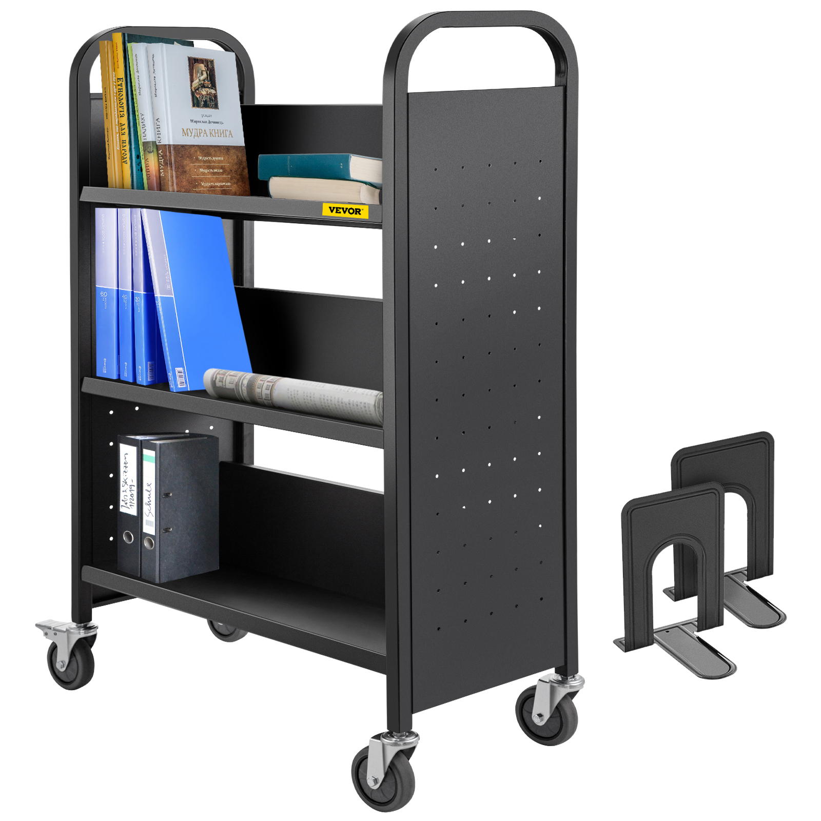 VEVOR book cart with black shelves, books, blue folders, and binders on wheels.