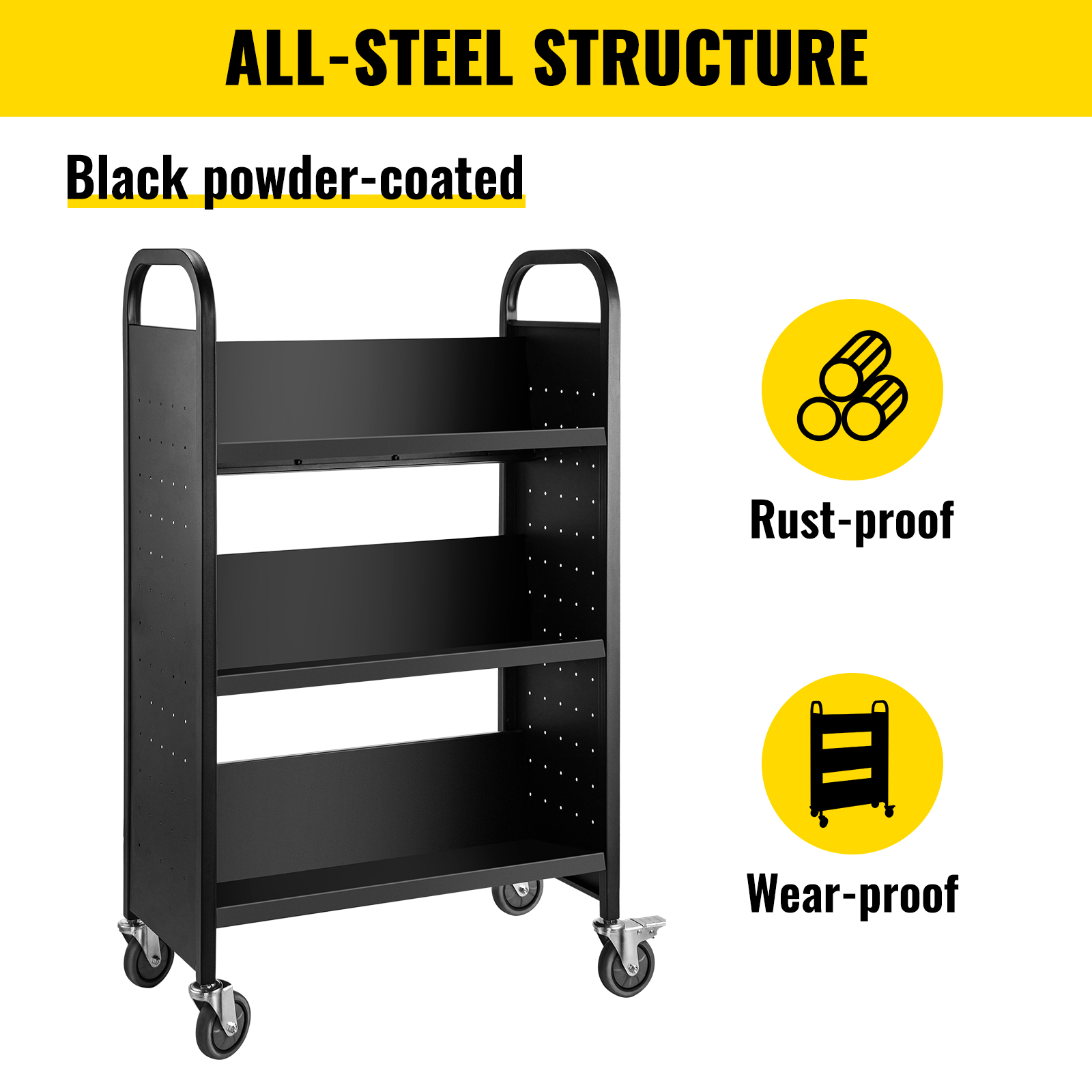 VEVOR book cart, black powder-coated, all-steel structure, rust-proof, wear-proof.