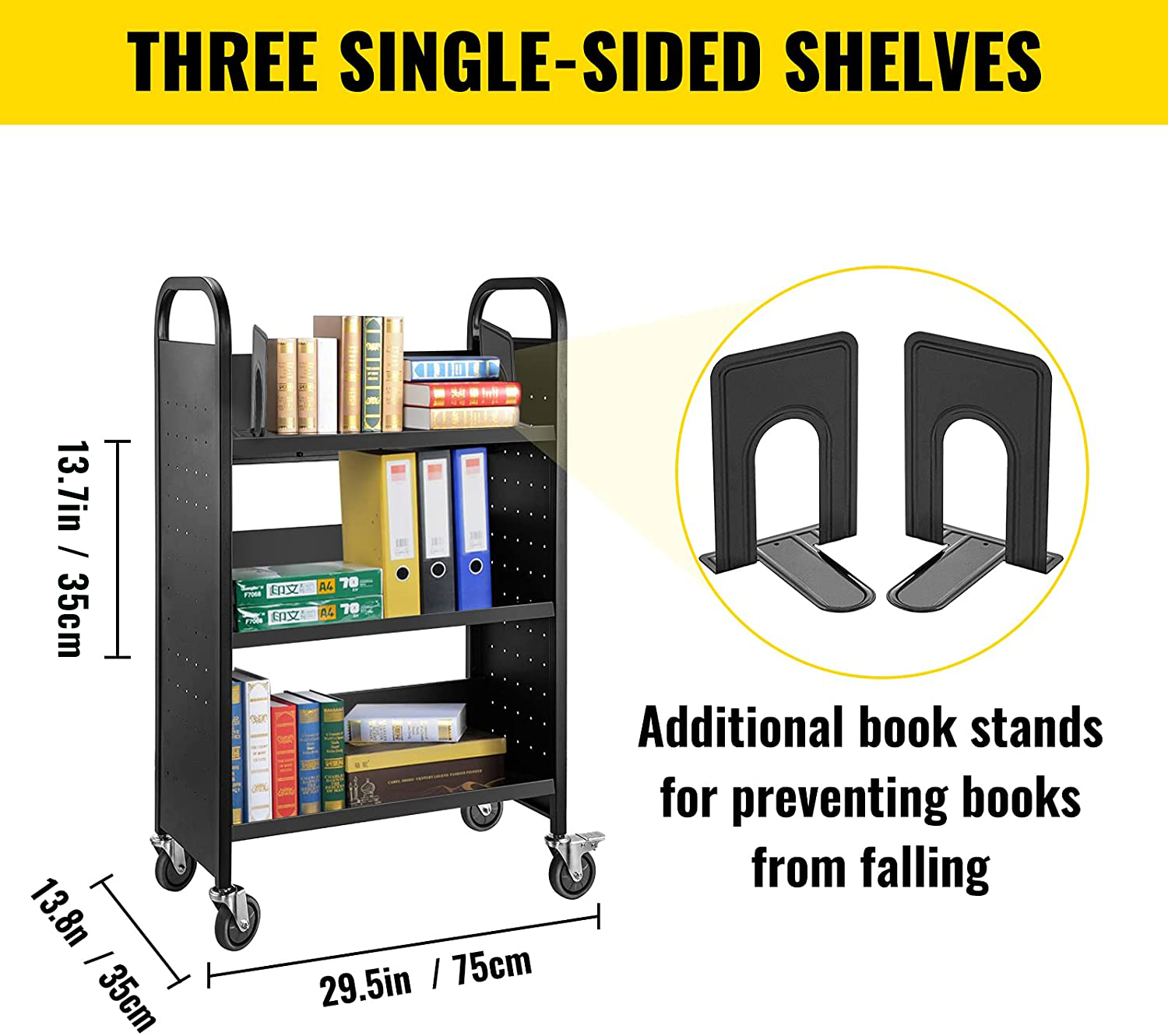 three single-sided shelves VEVOR book cart with additional book stands.